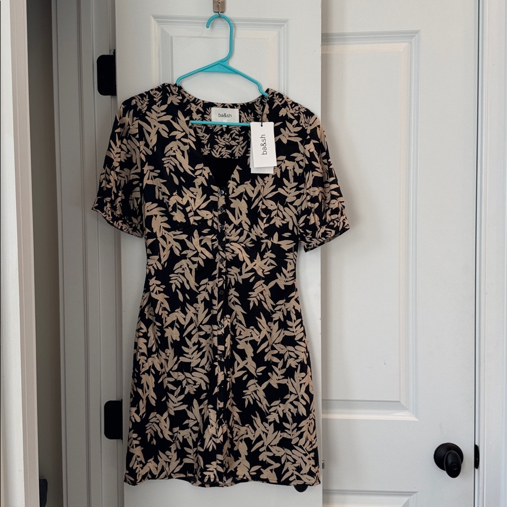 ba&sh Black and Cream Leaf Pattern Dress